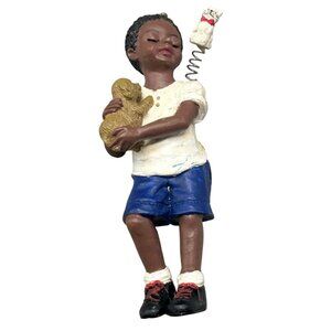 Vintage Hand-Painted Resin Figurine Of Boy In Blue Shorts Holding Puppy READ